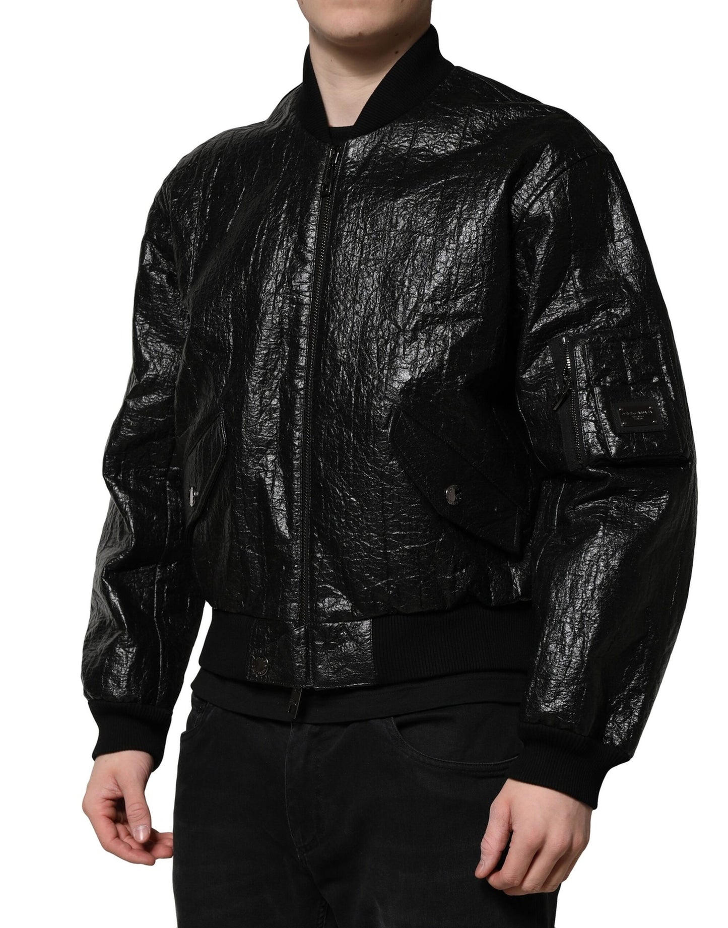 Black Logo Plaque Bomber Full Zipper Jacket