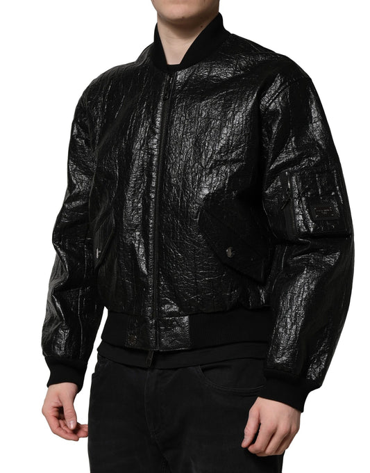 Black Logo Plaque Bomber Full Zipper Jacket