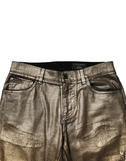 Gold Tattered Cotton Stretch Slim Denim Jeans