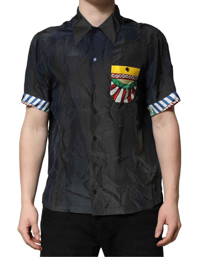 Black Silk Short Sleeves Men Casual Shirt