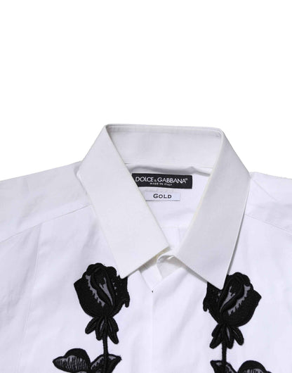 White Floral Embroidery Men GOLD Formal Shirt