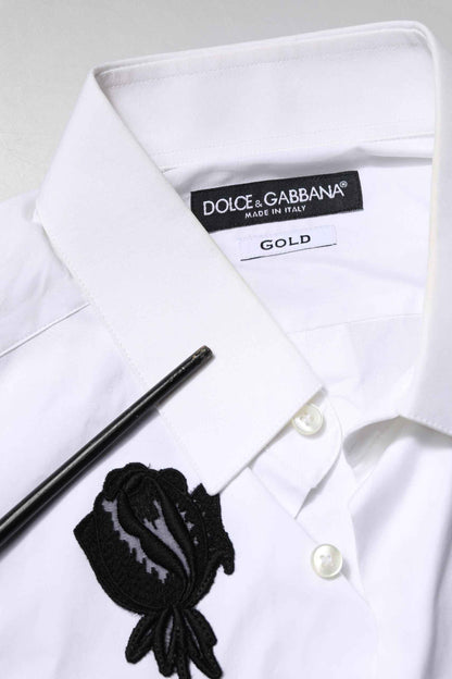 White Floral Embroidery Men GOLD Formal Shirt