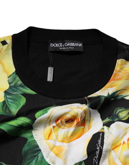 Black Silk Floral Crew Neck Pullover Sweater