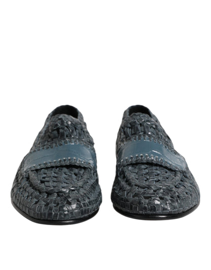 Blue Woven Leather Slip On Loafers Shoes