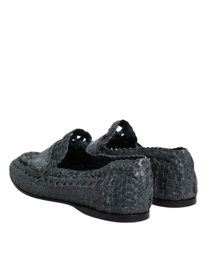 Blue Woven Leather Slip On Loafers Shoes
