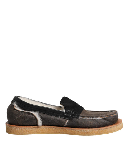 Brown White Calfskin Leather Loafers Shoes