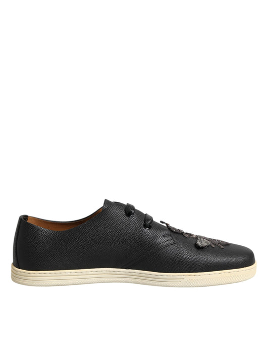 Black Leather Bee Crown Low Top Sneakers Shoes