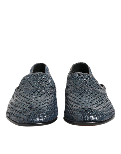 Blue Woven Leather Slip On Loafers Shoes