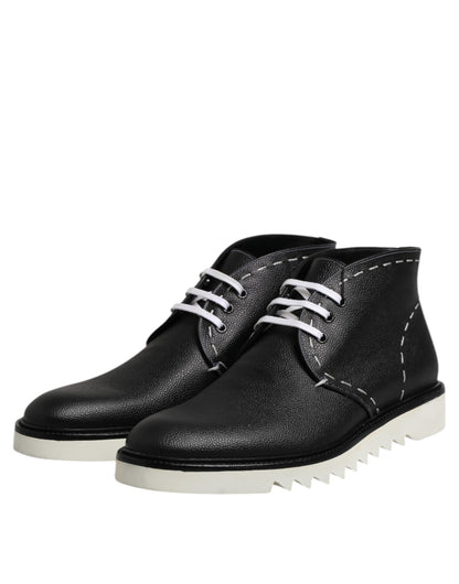 Black White Leather Ankle Boots Shoes