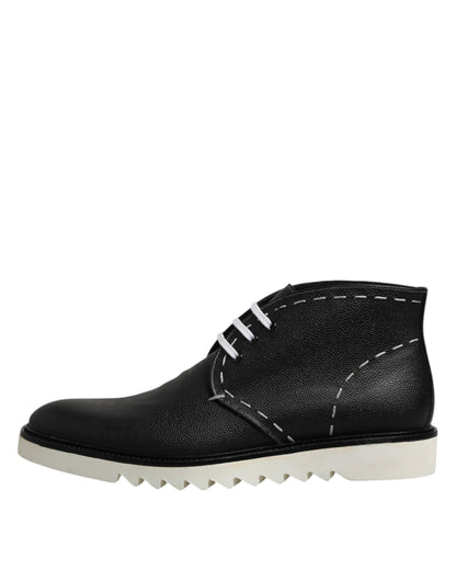 Black White Leather Ankle Boots Shoes