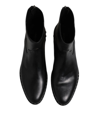 Black Leather Logo Ankle Boots Studded Shoes