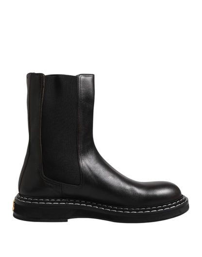 Black Leather Mid Calf Boots Flats Shoes