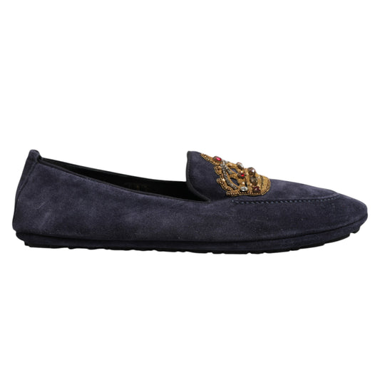 Blue Suede Crown Crystal Loafers Dress Shoes