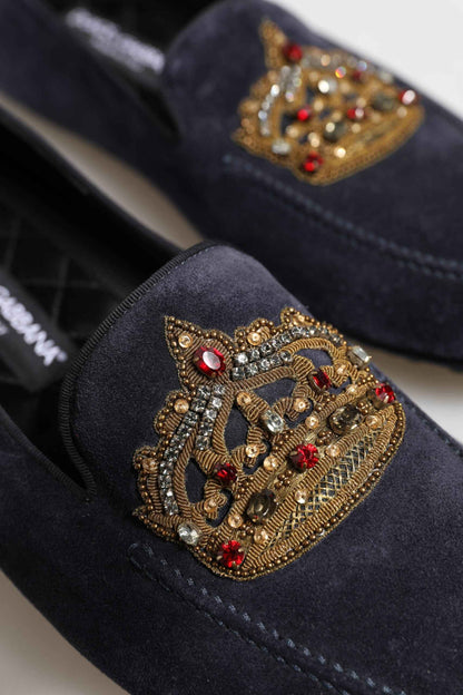 Blue Suede Crown Crystal Loafers Dress Shoes