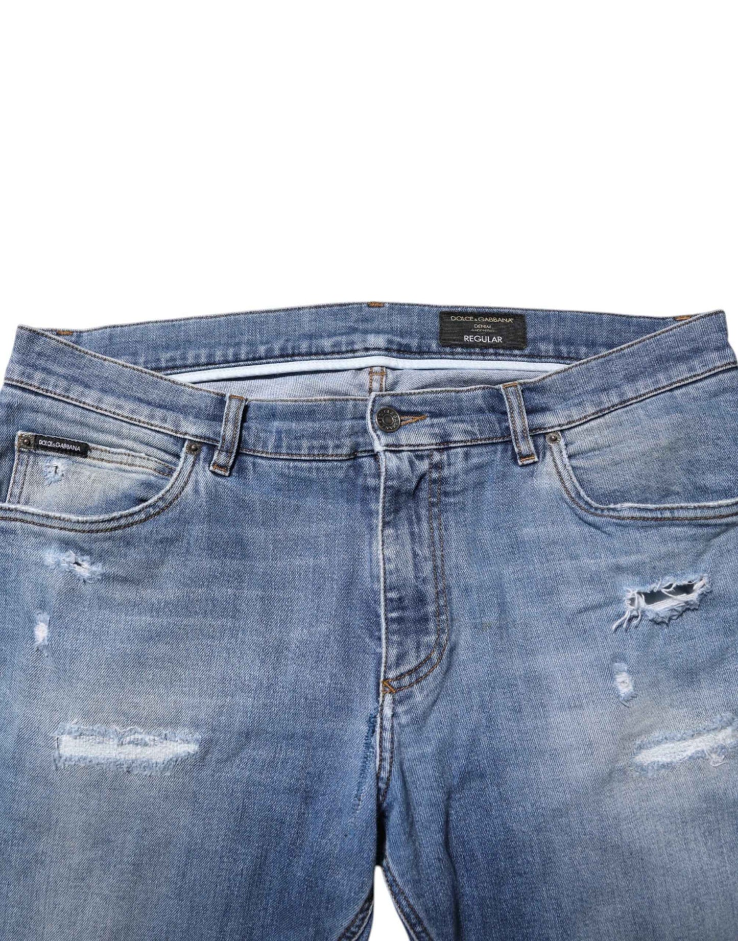 Blue Washed Tattered Logo Plaque Denim Jeans