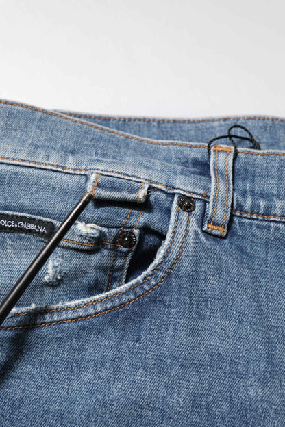 Blue Cotton Tattered Skinny Logo Denim Jeans