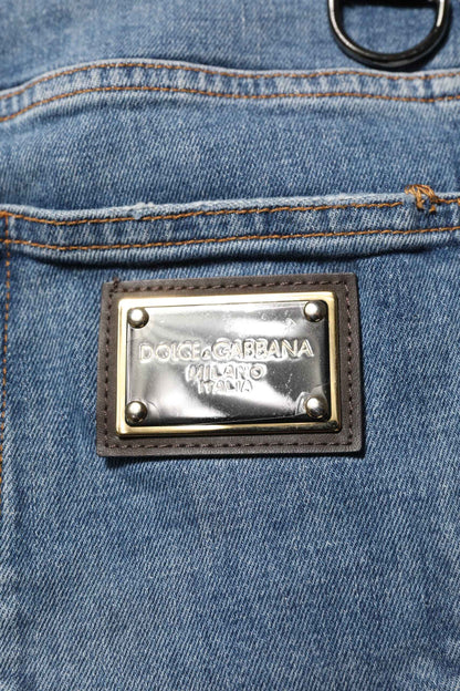 Blue Cotton Tattered Skinny Logo Denim Jeans