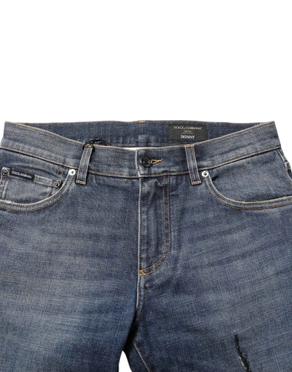 Blue Washed Skinny Logo Plaque Men Denim Jeans