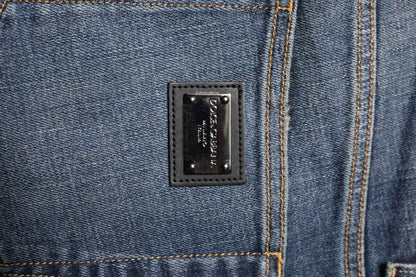 Blue Washed Skinny Logo Plaque Men Denim Jeans