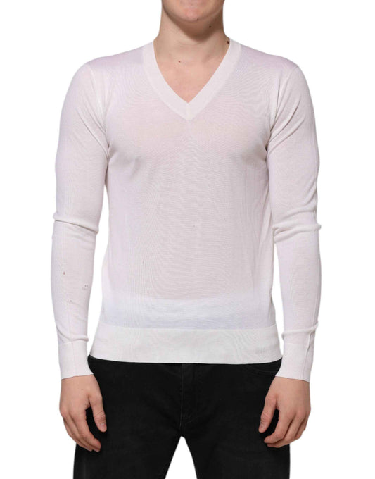 White Cashmere Logo V-neck Pullover Sweater