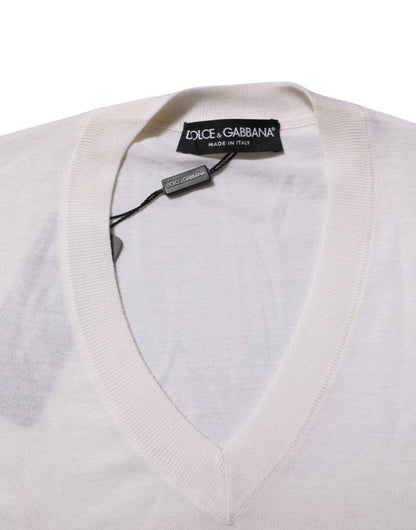 White Cashmere Logo V-neck Pullover Sweater