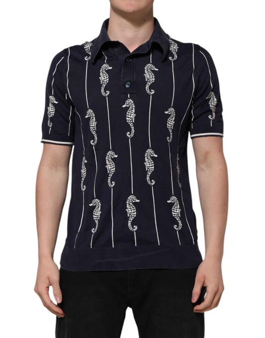 Dark Blue Sea Horse Collared Polo T-shirt