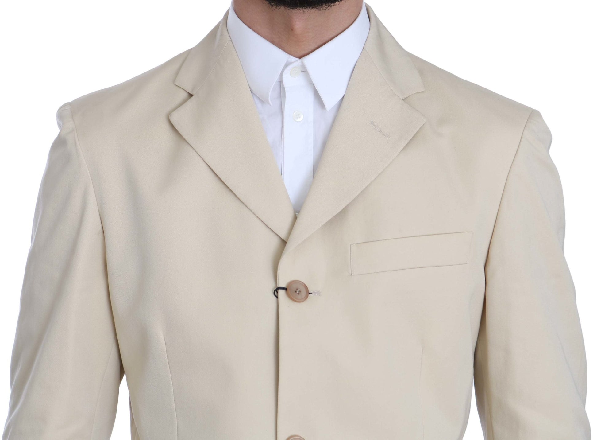 Two Piece 3 Button Beige Cotton Solid Suit Romeo Gigli