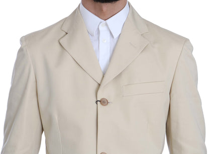 Two Piece 3 Button Beige Cotton Solid Suit Romeo Gigli