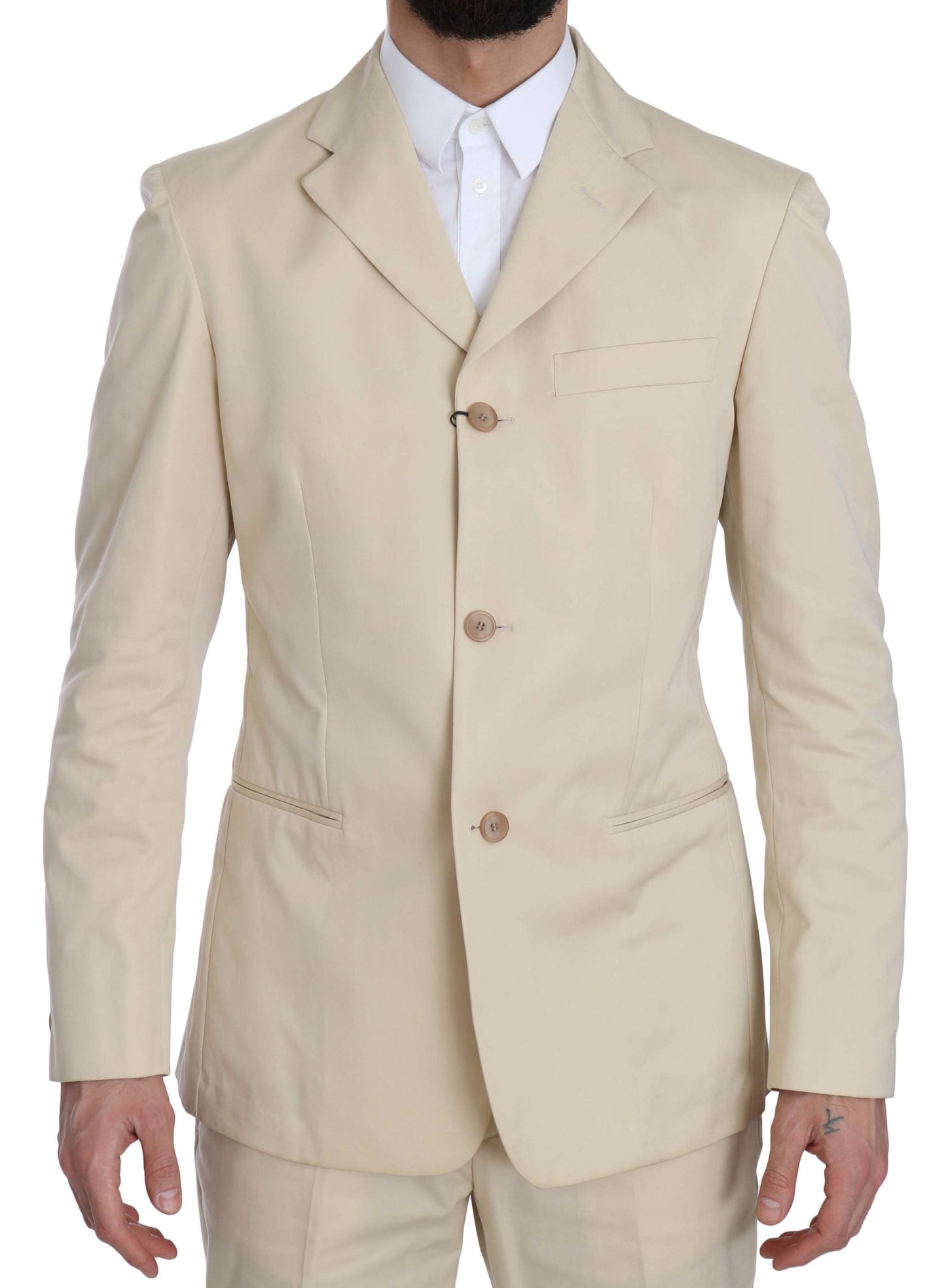 Two Piece 3 Button Beige Cotton Solid Suit Romeo Gigli