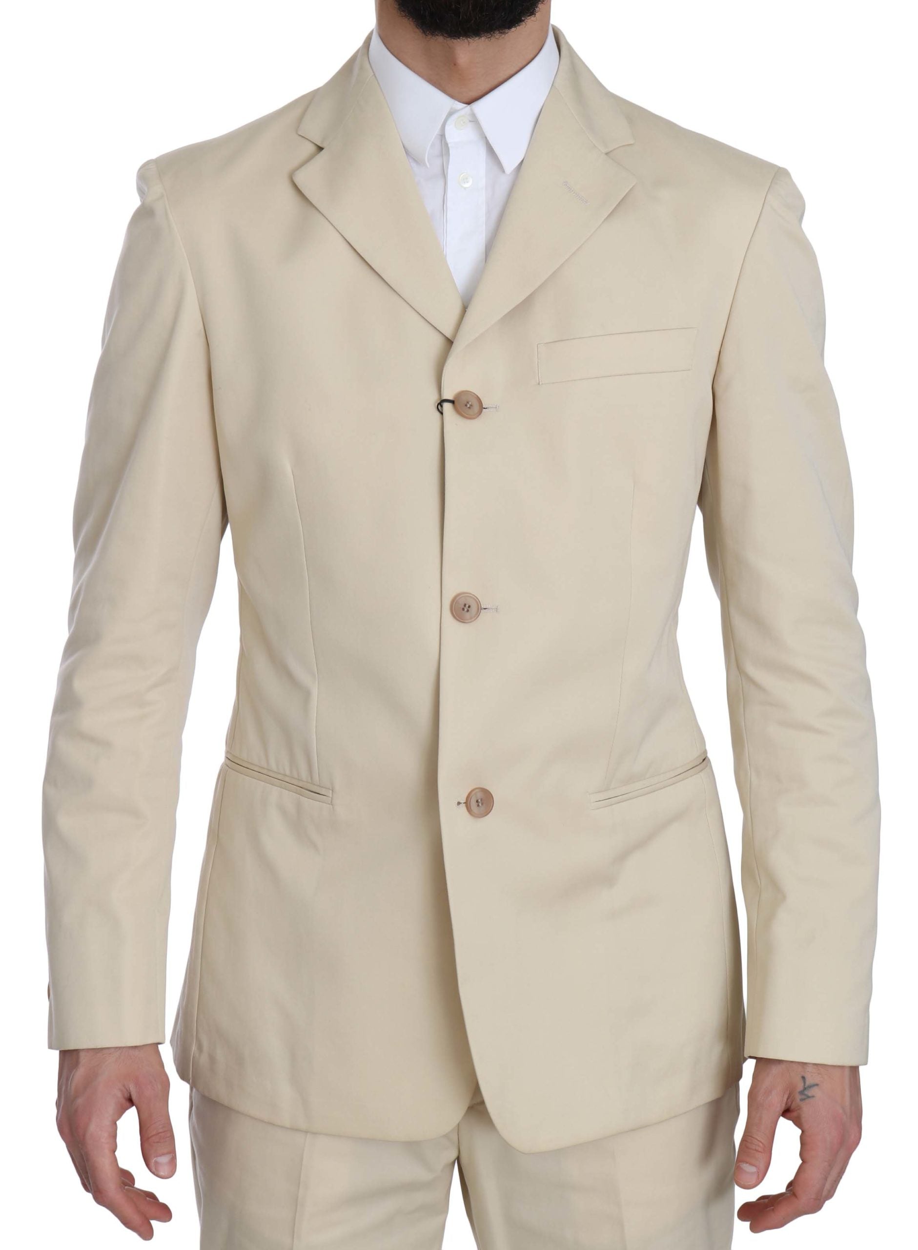 Two Piece 3 Button Beige Cotton Solid Suit Romeo Gigli