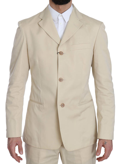 Two Piece 3 Button Beige Cotton Solid Suit Romeo Gigli