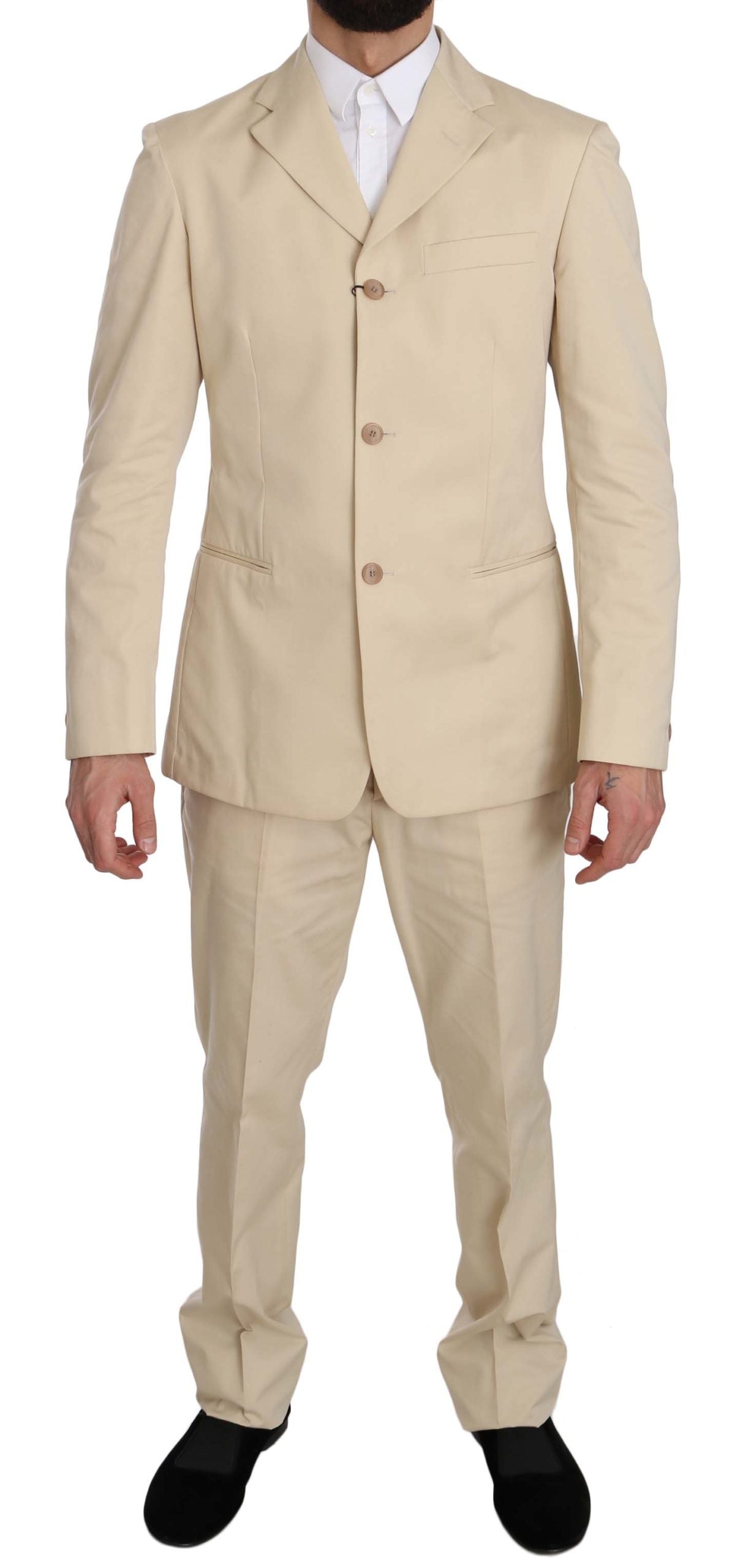Two Piece 3 Button Beige Cotton Solid Suit Romeo Gigli