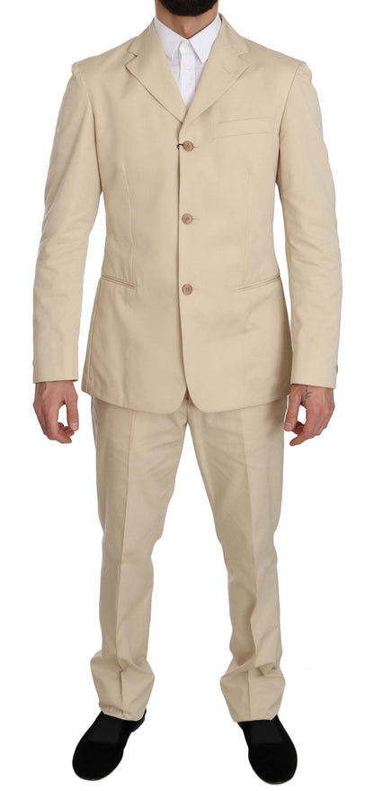 Two Piece 3 Button Beige Cotton Solid Suit Romeo Gigli