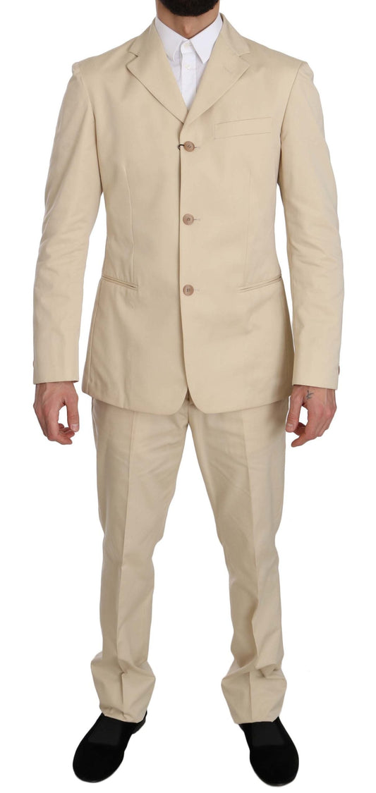 Two Piece 3 Button Beige Cotton Solid Suit Romeo Gigli