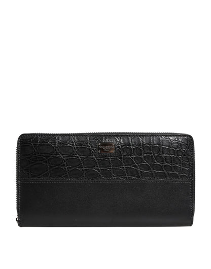 Black Leather Logo Plaque Zip Around Continental Wallet