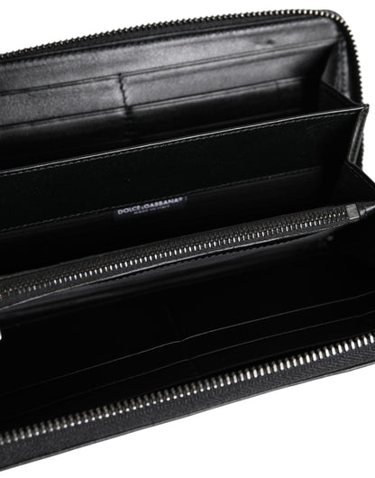 Black Leather Logo Plaque Zip Around Continental Wallet