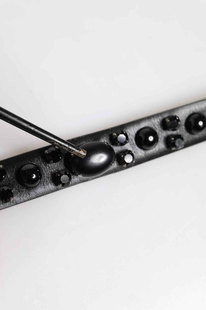 Black Studded Leather Metal Logo Buckle Belt