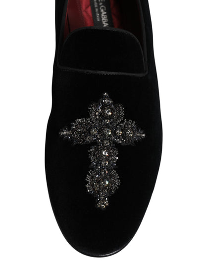 Black Velvet Embellished Loafer Slip On Shoes