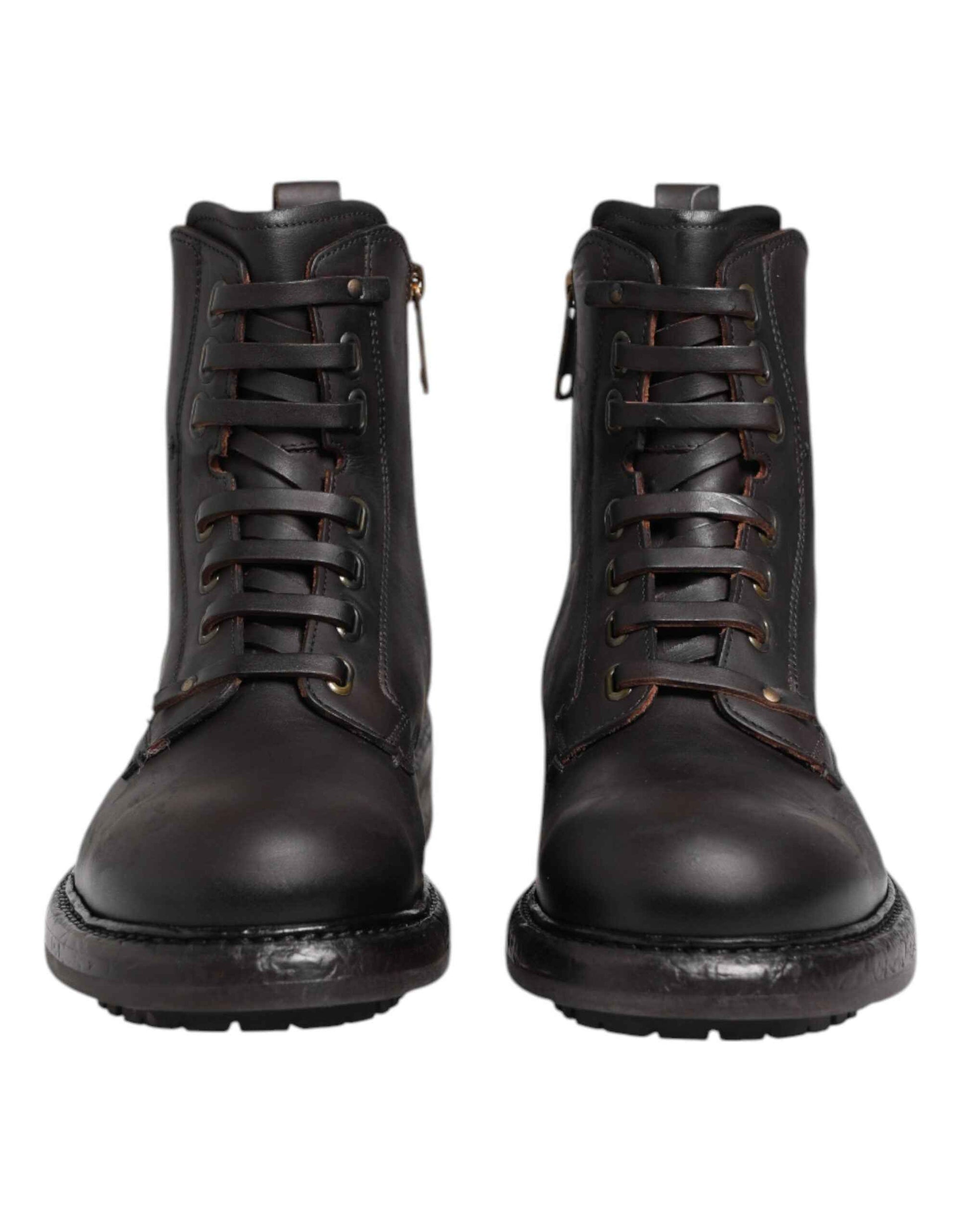 Dark Brown Leather Lace Up Mid Calf Boots Shoes