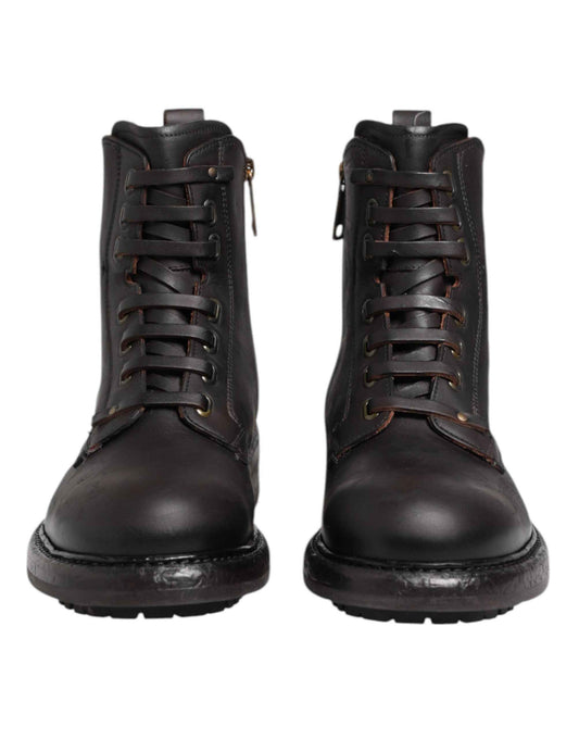 Dark Brown Leather Lace Up Mid Calf Boots Shoes