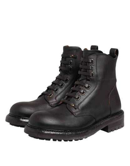 Dark Brown Leather Lace Up Mid Calf Boots Shoes