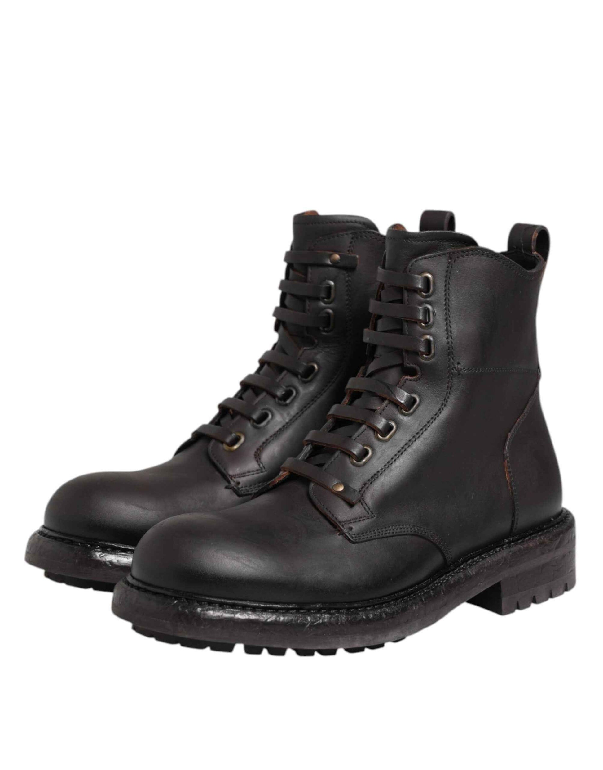 Dark Brown Leather Lace Up Mid Calf Boots Shoes