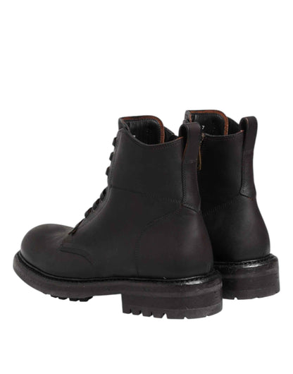 Dark Brown Leather Lace Up Mid Calf Boots Shoes