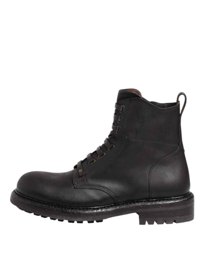 Dark Brown Leather Lace Up Mid Calf Boots Shoes