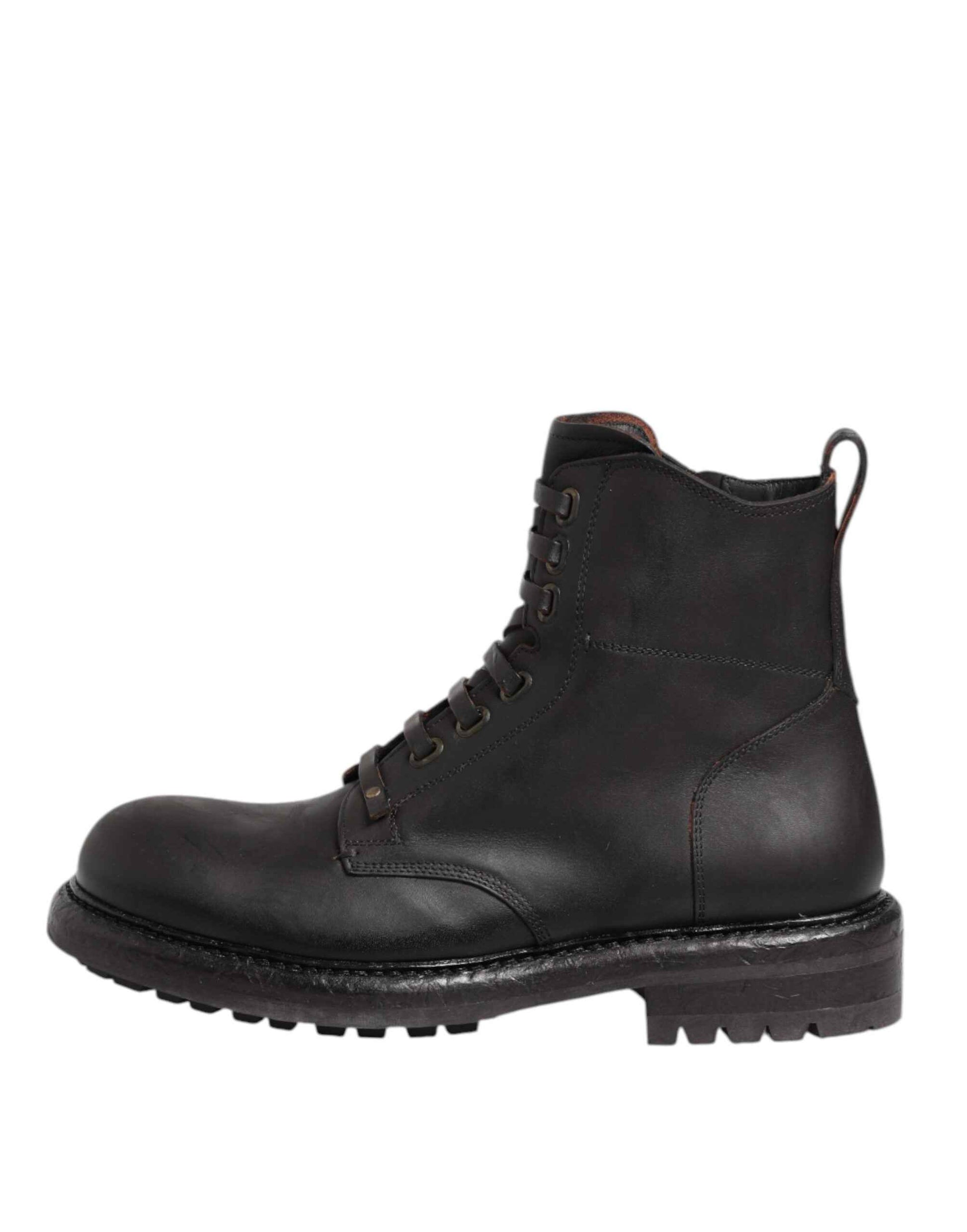 Dark Brown Leather Lace Up Mid Calf Boots Shoes