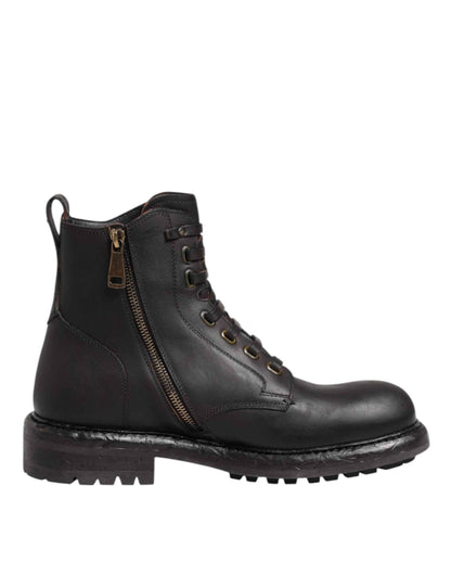 Dark Brown Leather Lace Up Mid Calf Boots Shoes