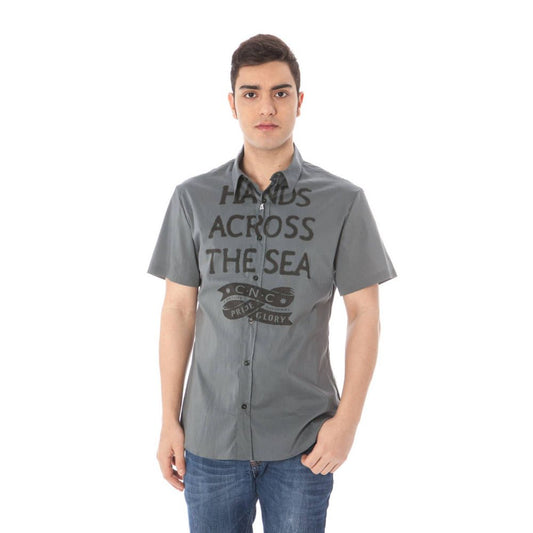 "Gray Cotton Men's Shirt with Italian Collar"