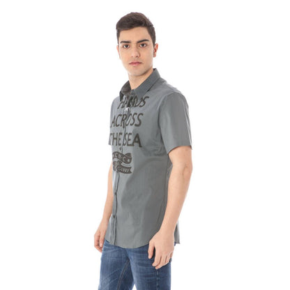 "Gray Cotton Men's Shirt with Italian Collar"