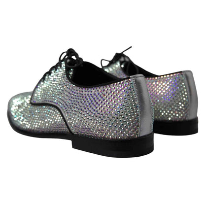 Silver Leather Rhinestones Derby Shoes