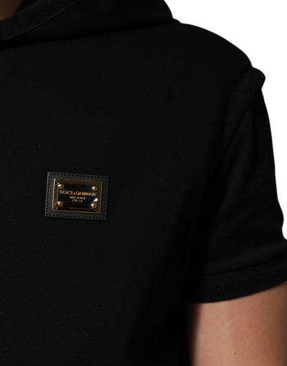 Black Sleeveless Hooded Logo Plaque Jacket